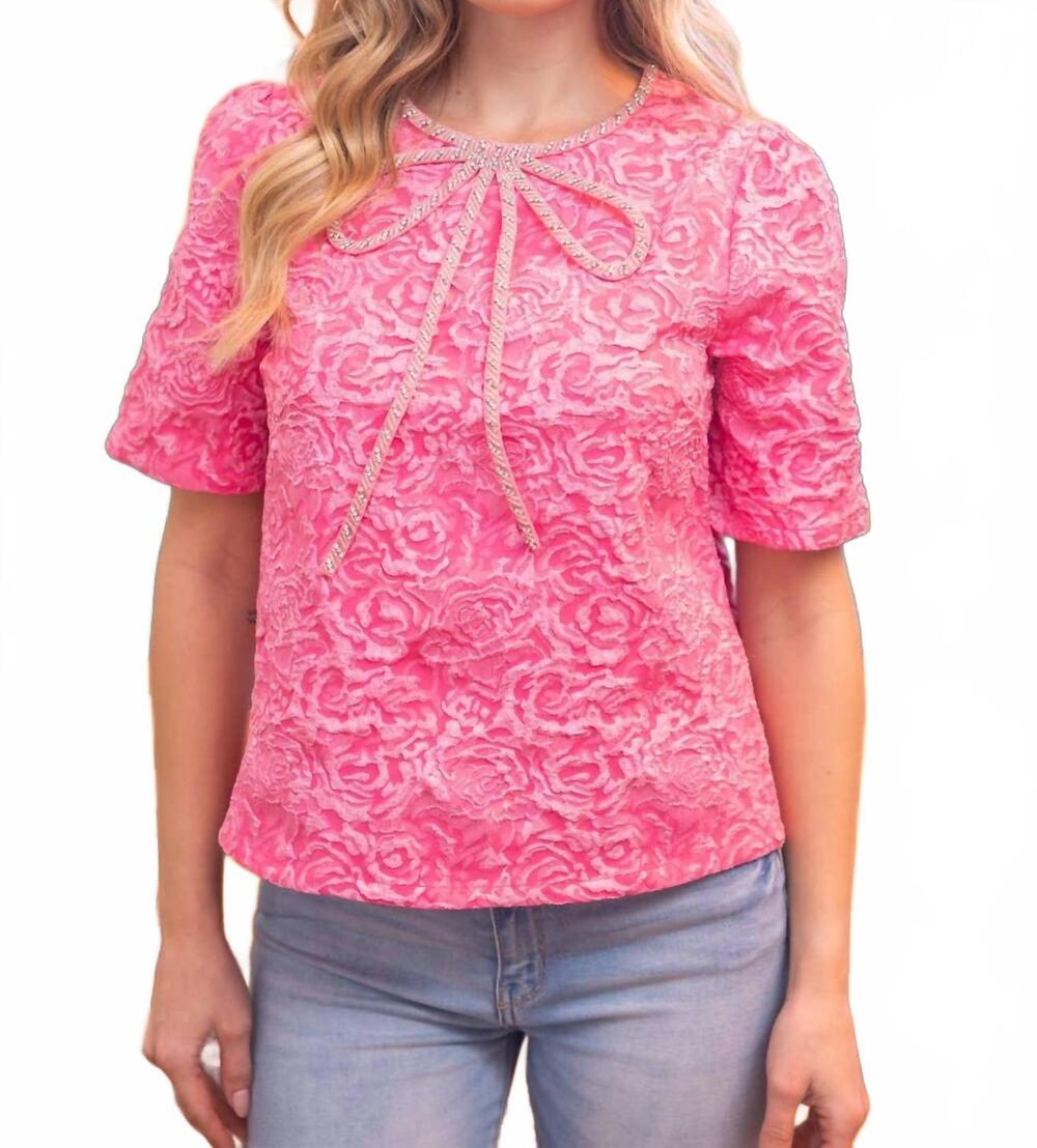 NEW VOY rhinestone bow shape floral jacquard top in hot pink